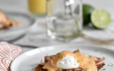 Sweet Potato Hash Brown Recipe with lime crema, prosciutto, poached egg and chipotle Hollandaise