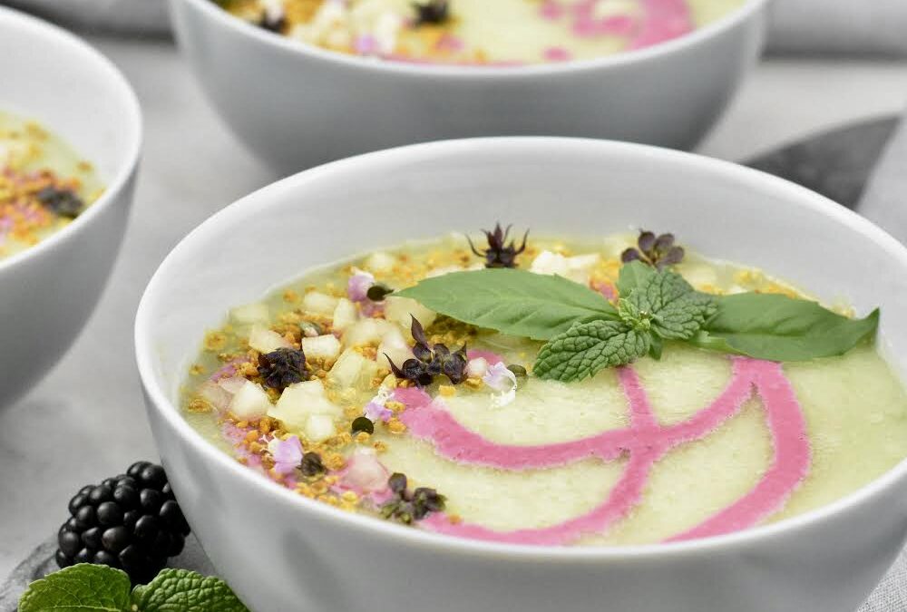 Canary Melon Gazpacho with a Blackberry, Buttermilk and Goat Cheese Coulis