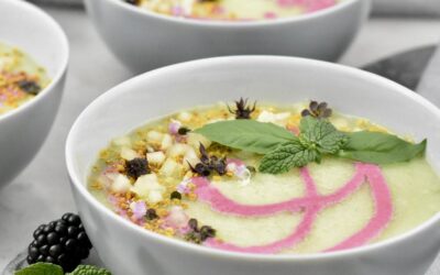 Canary Melon Gazpacho with a Blackberry, Buttermilk and Goat Cheese Coulis